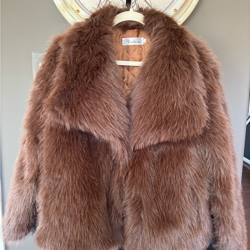 Brown Faux Fur Shawl Collar Plush Jacket NWT